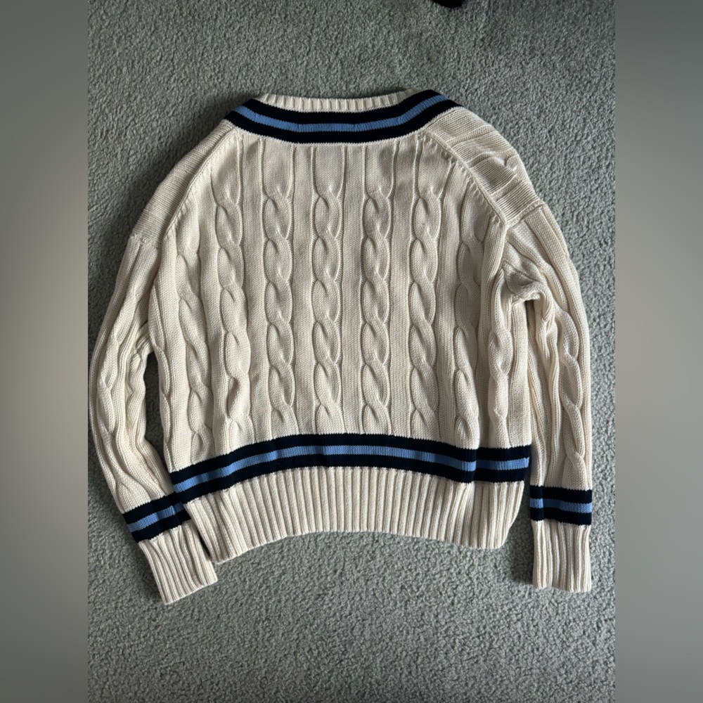 Polo by Ralph Lauren Cream Cable-Knit V-Neck Sweater with Navy & Light Blue Trim - Picture 3 of 9